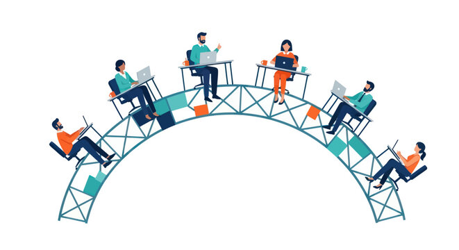 People working on laptops across a conceptual bridge representing connected remote teams.
