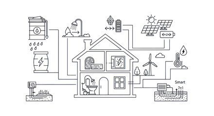 Smart energy home and sustainable living system infographic with solar panels and wind power © Wicaksono