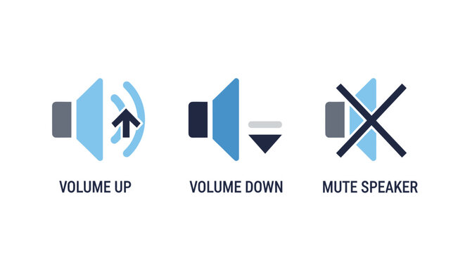 Three digital sound control icons showing volume up level increase volume down level decrease and mute speaker settings displayed in a clean professional modern graphic style for web and mobile interf