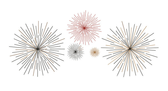 Five decorative metal sunburst wall sculptures in various sizes and metallic finishes are arranged artistically against a clean white background.