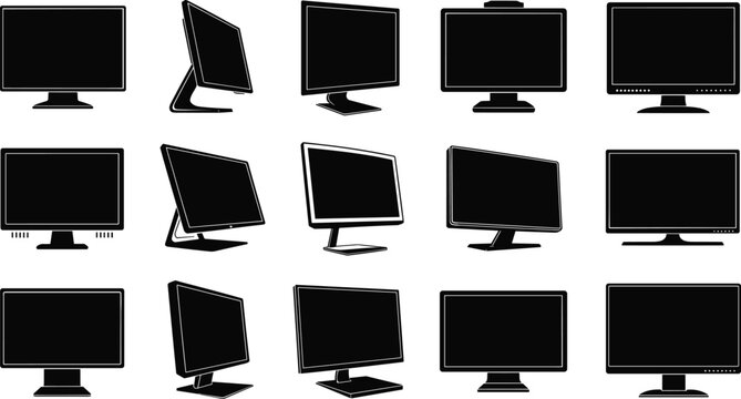 Collection of black computer monitor silhouettes in various angles and perspectives for modern office workplace technology design elements.