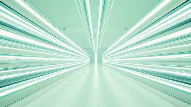 Futuristic hallway featuring parallel lines of teal neon lights converging in the distance, creating an immersive sense of speed, technology, and infinite possibilities