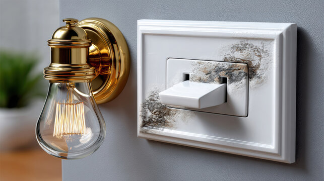 Scorch burn mark on wall above light switch showing electrical damage and safety hazard for inspection repair and hazard awareness background