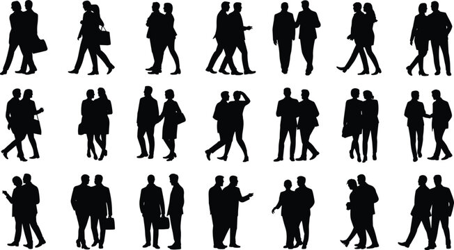 Collection of black human silhouettes featuring diverse pairs of people walking and talking in various social and professional settings.
