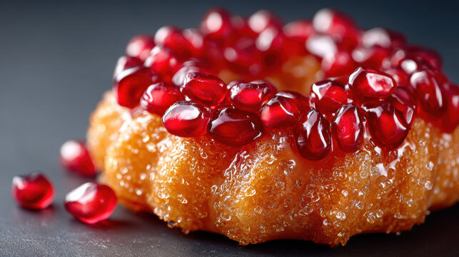Close-up glossy pomegranate topped rosca de reyes pastry ring with jewel glaze for holiday dessert background and banner
