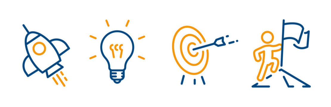 core values icon set, outline icons of rocket, glowing light bulb, target, man on top, icons symbolize, vision, goal achievement, success, value, mission, editable stroke web illustration