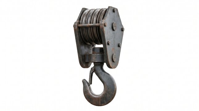 Industrial metal crane hook with wire rope sling isolated on white