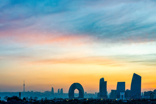 Baku Modern Skyline Landmarks at Sunset Caspian
