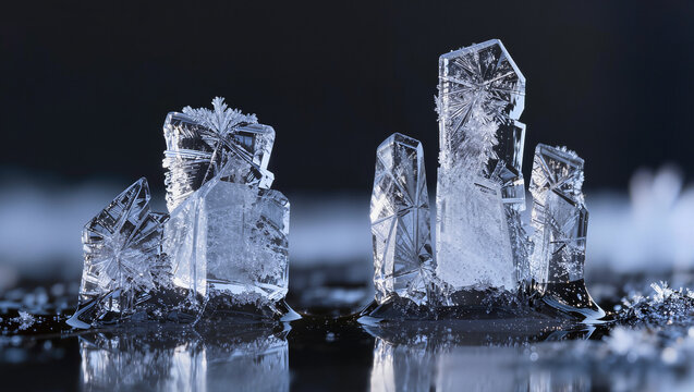 Intricate Ice Crystals on Dark Surface with Reflection