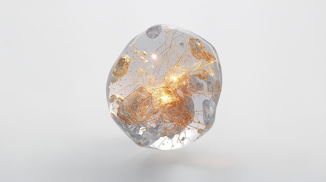 Futuristic glass asteroid containing glowing gold and silver mineral veins for space mining