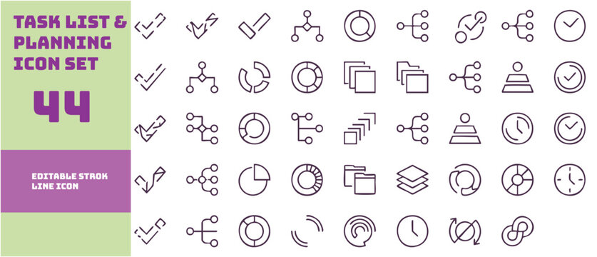 Editable Line Icons Set for Task List and Planning Design Projects. Contain icons related to checklist, plan, task, to do list, and more. Editable stroke. Vector illustration. 
