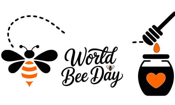 World Bee Day script lettering with orange and black flying bee, honey jar with heart, and honey dipper isolated on white background, perfect for awareness posters, greeting cards, and nature designs