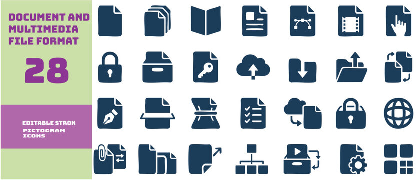 Set of editable stroke pictogram icons for document and multimedia file formats. PDF file download symbols. Format for texts, images, vector images, videos, interactive forms - stock vector.