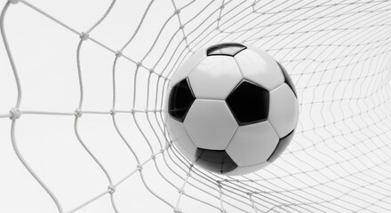 Fototapeta premium Classic Black and White Soccer Ball Trapped in Goal Net on White Background
