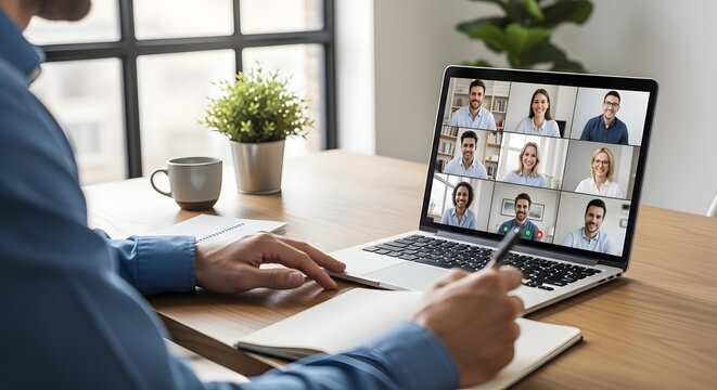 Man working from home professional video conference meeting setup