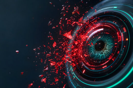 a digital eye scan failing with red error fragments shattering outward, neon teal and crimson lighting, no people visible, copy space, ren