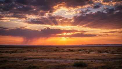 Obraz premium Warm glowing sunset horizon with dark mountain silhouettes and vibrant gradient evening sky