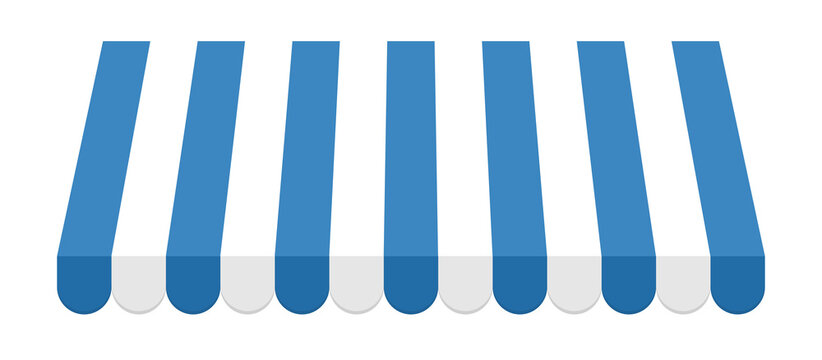 Blue and white striped awning on a transparent background. Storefront canopy with scalloped bottom edge.