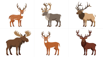 Fototapeta premium Forest deer and moose wildlife character set featuring realistic antler animals in flat vector illustration collection for nature designs