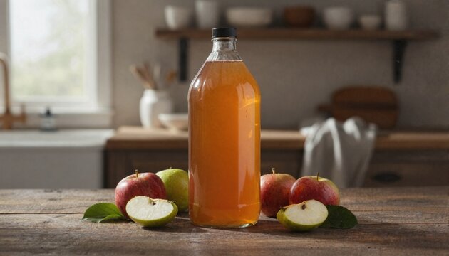 Organic apple cider vinegar on rustic wood with fresh apples