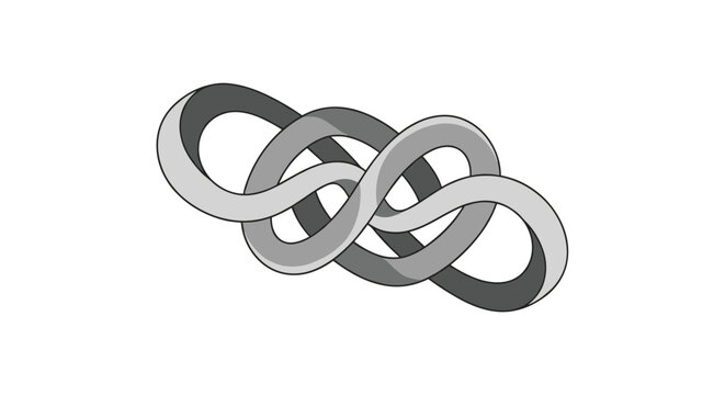 Complex three dimensional infinite loop knot in grayscale shades representing connection, eternity, and complexity.