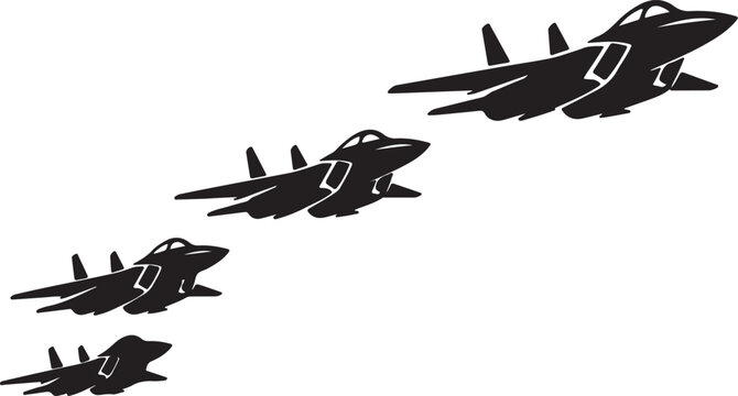 Military jet aircraft silhouettes in formation against a white background high quality professional