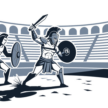 Two ancient warriors fighting inside a large stone arena stadium