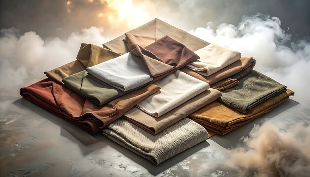 Layered fabric swatches in earthy tones, arranged in a geometric pattern with soft lighting and atmospheric clouds, textile samples for design inspiration