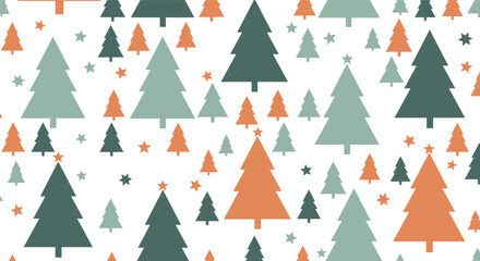 Obraz premium Minimalist seamless pattern of stylized pine trees and tiny stars in a palette of sage green and terracotta orange.