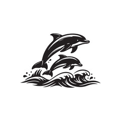 Obraz premium Two Dolphins Jumping Over Ocean Waves Silhouette — Bold Black Marine Wildlife Vector Illustration for Aquarium Nautical and Coastal Design