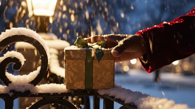 Hand in Red Coat Places Gold Gift Box on Snow Covered Wrought Iron Railing at Night