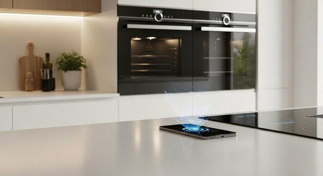 Modern kitchen counter with smartphone projecting holographic interface