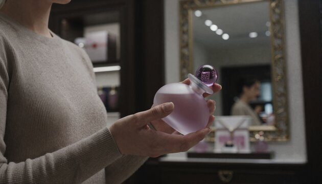 Person inspecting a frosted glass perfume bottle with a spherical purple cap