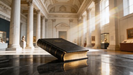Naklejka premium A serene and elegant scene of a black leather-bound book on a marble table in a grand museum with white columns and high ceilings, evoking a sense of culture, history, and learning.