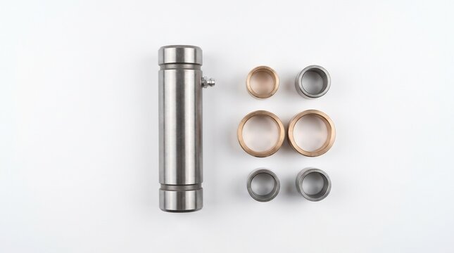 Stainless steel king pin and coupling components arranged on white background