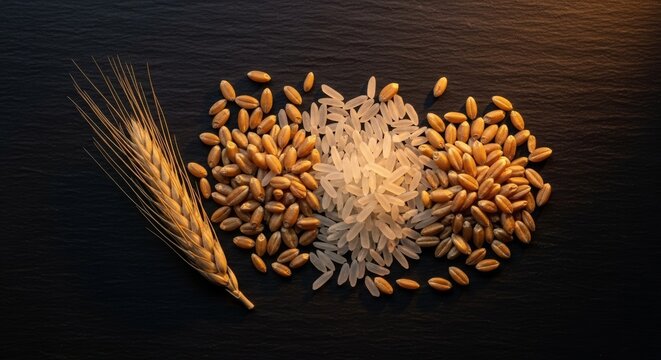 Elegant display of golden wheat kernels and polished rice grains illuminated by warm cinematic lighting on a sleek dark stone background, shadows, nutrition, warm
