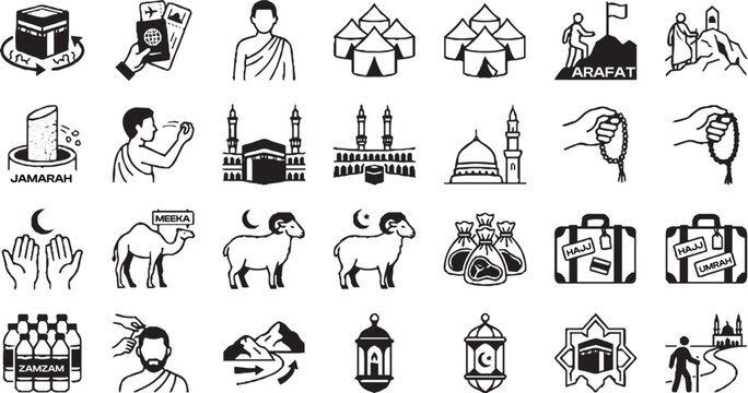 20 Hajj and Umrah Pilgrimage Line Icons &ndash; Islamic Holy Journey Symbols Black and White