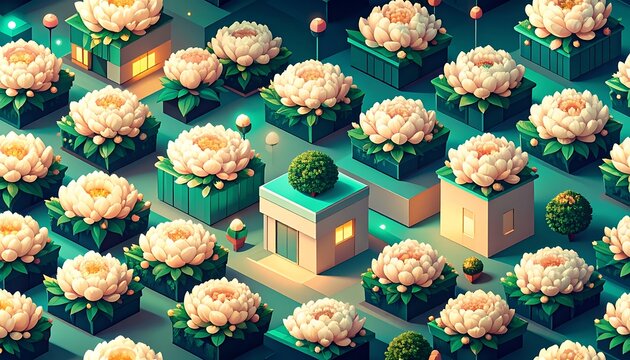 Isometric pixel art garden with blooming peonies and cuboid houses, digital retro aesthetic, nature inspired cityscape
