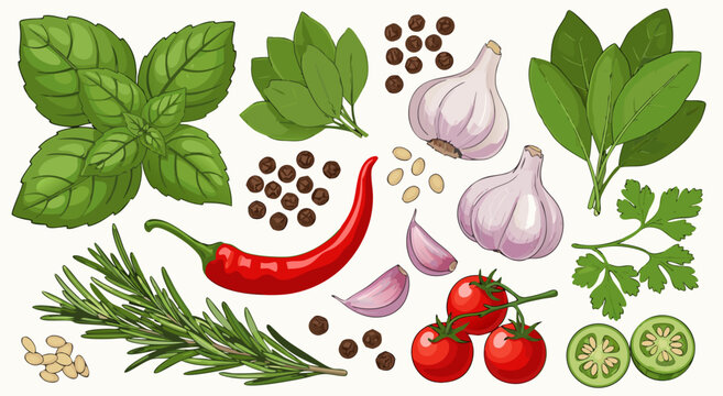 A vibrant vector illustration of fresh herbs and spices, including basil, rosemary, chili peppers, garlic, tomatoes, and peppercorns, perfect for culinary designs