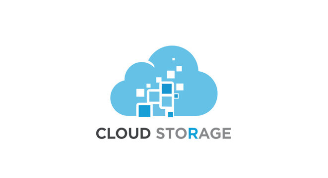 Modern cloud storage logo design with digital data pixels on white background.