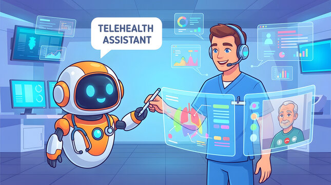 Cute Chibi Robot Assistant Helping A Doctor During Telehealth Consultation In A Modern Futuristic Medical Clinic Environment