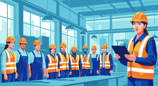A diverse team of male and female construction workers in safety vests and hard hats stand attentively, receiving instructions from a female supervisor holding a tablet, detailed vector illustration