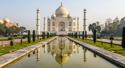 Fototapeta premium Iconic Taj Mahal Mausoleum with Water Reflection in Agra India
