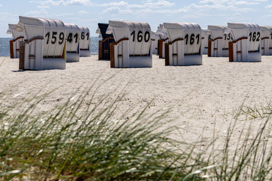 View of numbered white wicker beach chairs on the sandy shore of Strand Schillig under a bright sky Wangerland, Niedersachsen, Germany.