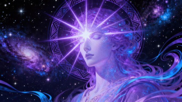 Cosmic figure with glowing eyes and flowing hair