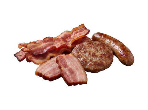 Cooked breakfast meats: crispy bacon, sausage patty, and a sausage link, isolated on a transparent background.