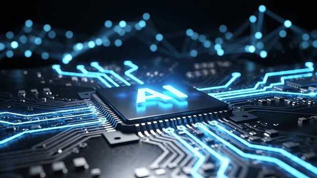 Artificial intelligence computer chip illuminated with electronic connections