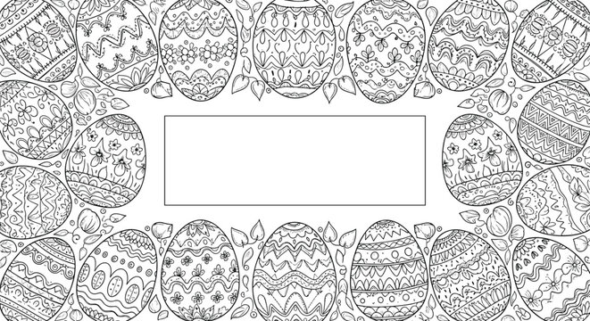 Detailed black and white coloring page background featuring many intricately patterned Easter eggs and leaves with a blank frame.