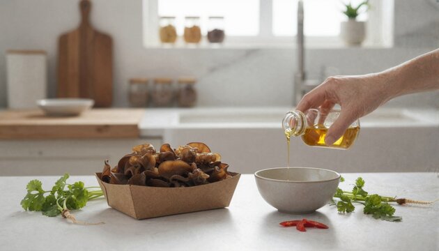 Preparing a stir-fry with wood ear mushrooms and Asian spices