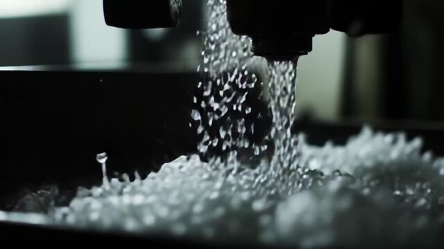 Manufacturing equipment producing plastic granules for industrial use and recycling, showing the process of transforming molten polymers into small, uniform pellets